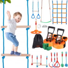 VEVOR Ninja Kit per Bambini Slackline da Arrampicata Percorso a Ostacoli 2x19,8 m Carico 226,8 kg 12 Ostacoli Attrezzatura da Gioco all'Aperto con Rete da Arrampicata Monkey Bar per Cortile Giardino