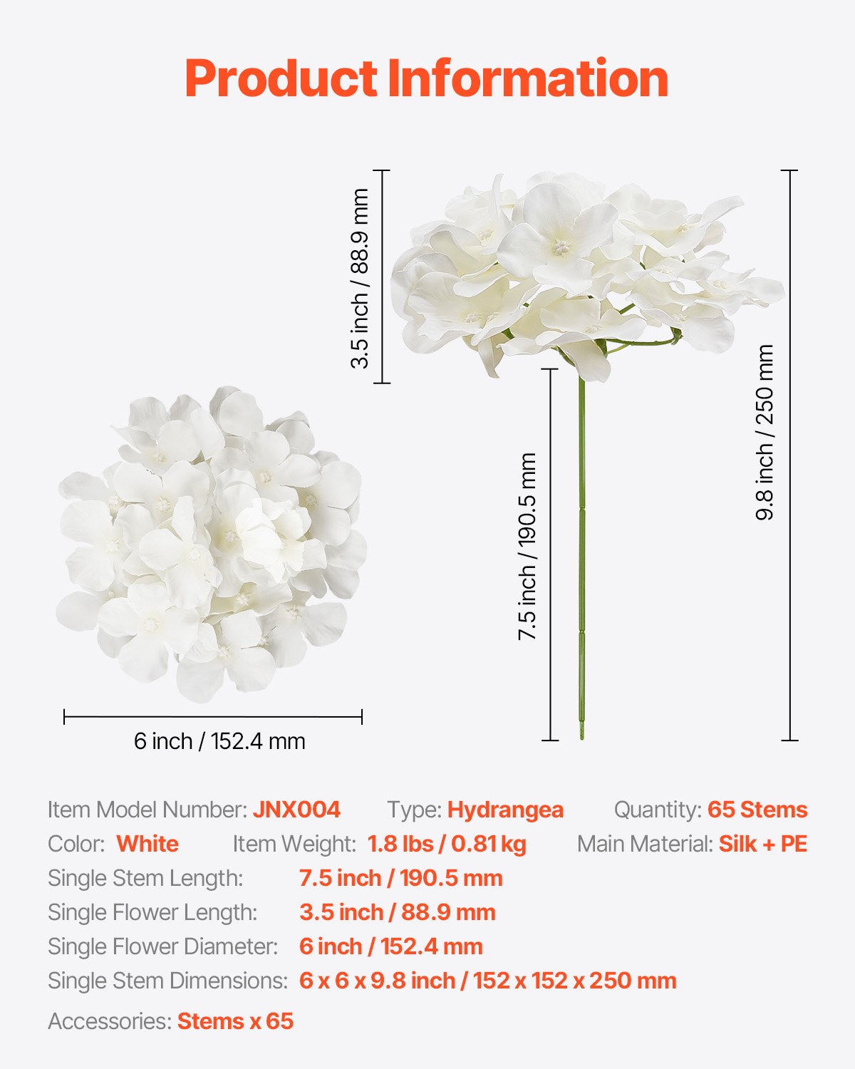 VEVOR Fiori Artificiali, 65 Pezzi di Ortensia Finta Bianca in Seta dall'Aspetto Realistico, Sfusa, Finta Bianca con Steli per Bouquet da Sposa Fai da Te, Centrotavola per Casa Decorazioni