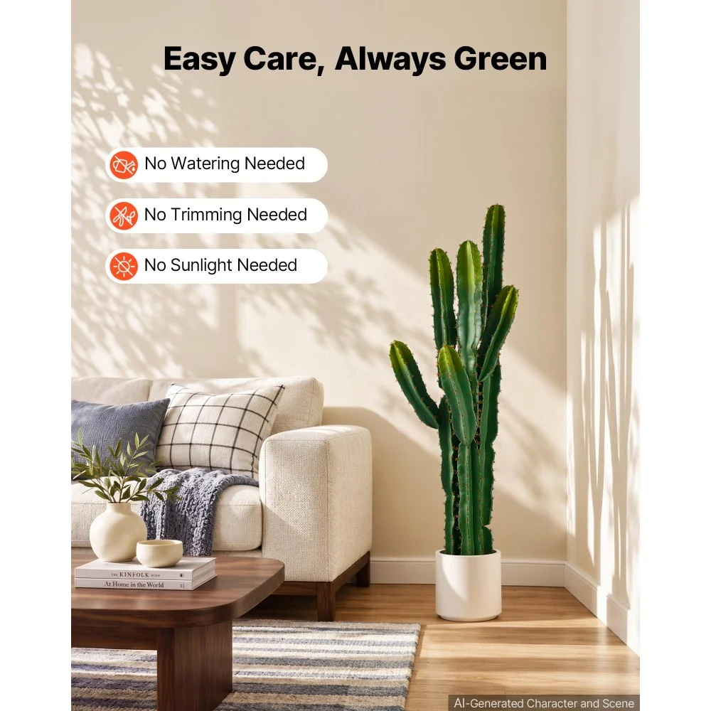VEVOR Artificial Cactus, 1524 mm Tall Fake Cactus Plant with White Pot, for Home, Garden, Office, Store, Living Room, Bedroom, Porch Indoor Decoration, 229 mm Wide, Realistic Texture Faux Plant