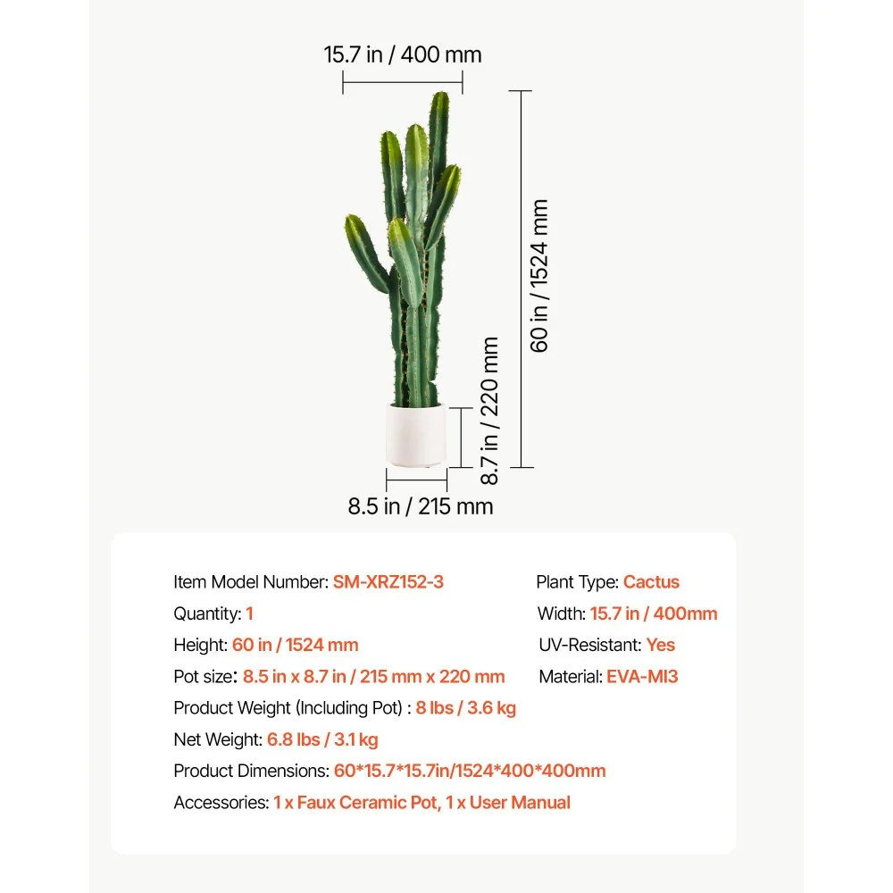 VEVOR Artificial Cactus, 1524 mm Tall Fake Cactus Plant with White Pot, for Home, Garden, Office, Store, Living Room, Bedroom, Porch Indoor Decoration, 229 mm Wide, Realistic Texture Faux Plant