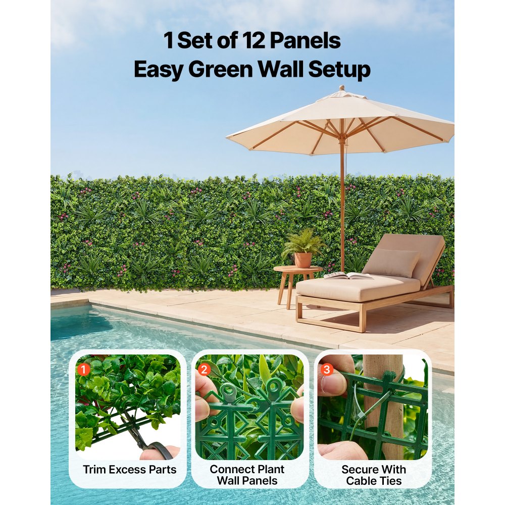 VEVOR Parete Verde Artificiale 50,8 x 50,8 cm, Set di 12 Pannelli di Siepe Artificiale per Pareti e Recinzioni, Con Piante Verdi Realistiche, per Decorazione di Balcone, Giardino, Cortile e Salotto