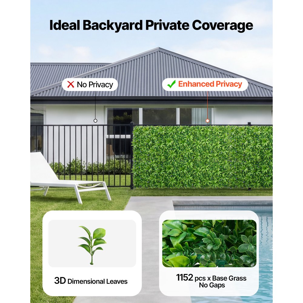 VEVOR Artificial Plant Wall, 101.6 x 304.8 cm Artificial Boxwood Panels, Sun Protection Greenery Backdrop Privacy Hedge Fence, Fake Grass Screen for Wedding, Indoor, Outdoor Garden, Backyard