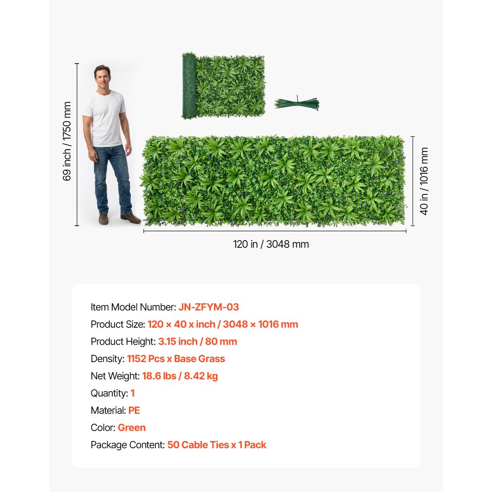 VEVOR Artificial Plant Wall, 101.6 x 304.8 cm Artificial Boxwood Panels, Sun Protection Greenery Backdrop Privacy Hedge Fence, Fake Grass Screen for Wedding, Indoor, Outdoor Garden, Backyard