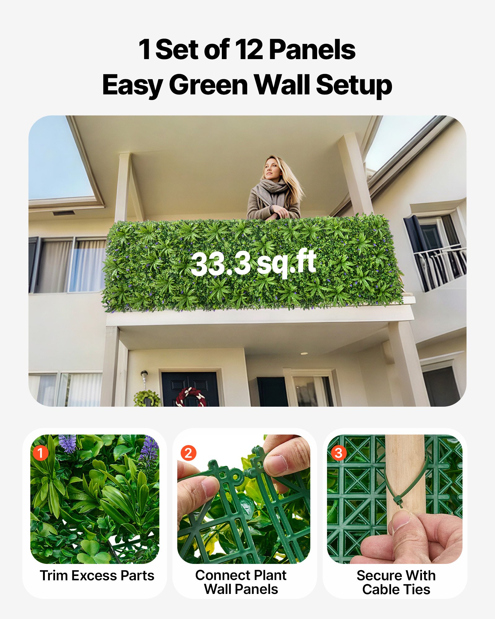 VEVOR Artificial Plant Wall, 101.6 x 304.8 cm Artificial Boxwood Panels, Sun Protection Greenery Backdrop Privacy Hedge Fence, Fake Grass Screen for Wedding, Indoor, Outdoor Garden, Backyard