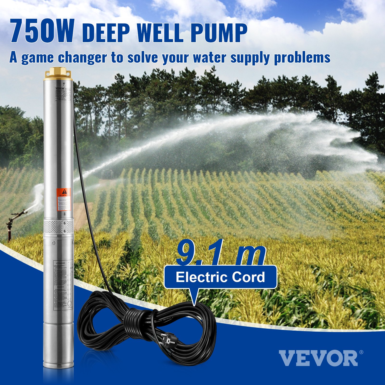 VEVOR Pompa Sommergibile per Pozzi Profondi, IP68 750W 230 V 60 Hz, Massima Portata 7,1 m³/h Prevalenza 75 m, Cavo Elettrico 9,1 m, Scatola Controllo Acciaio Inox Irrigazione Industriale Uso Domestico