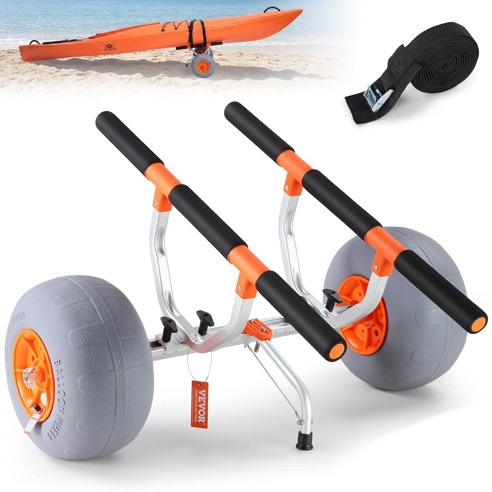 VEVOR Carrello Porta Barca Kayak Canoe in Alluminio Capacità Carico 160kg con Ruote Pneumatiche in PVC 30,5cm Design Pieghevole, Carrello Porta Kayak con Cinghie di Fissaggio Carico 160kg Pieghevole
