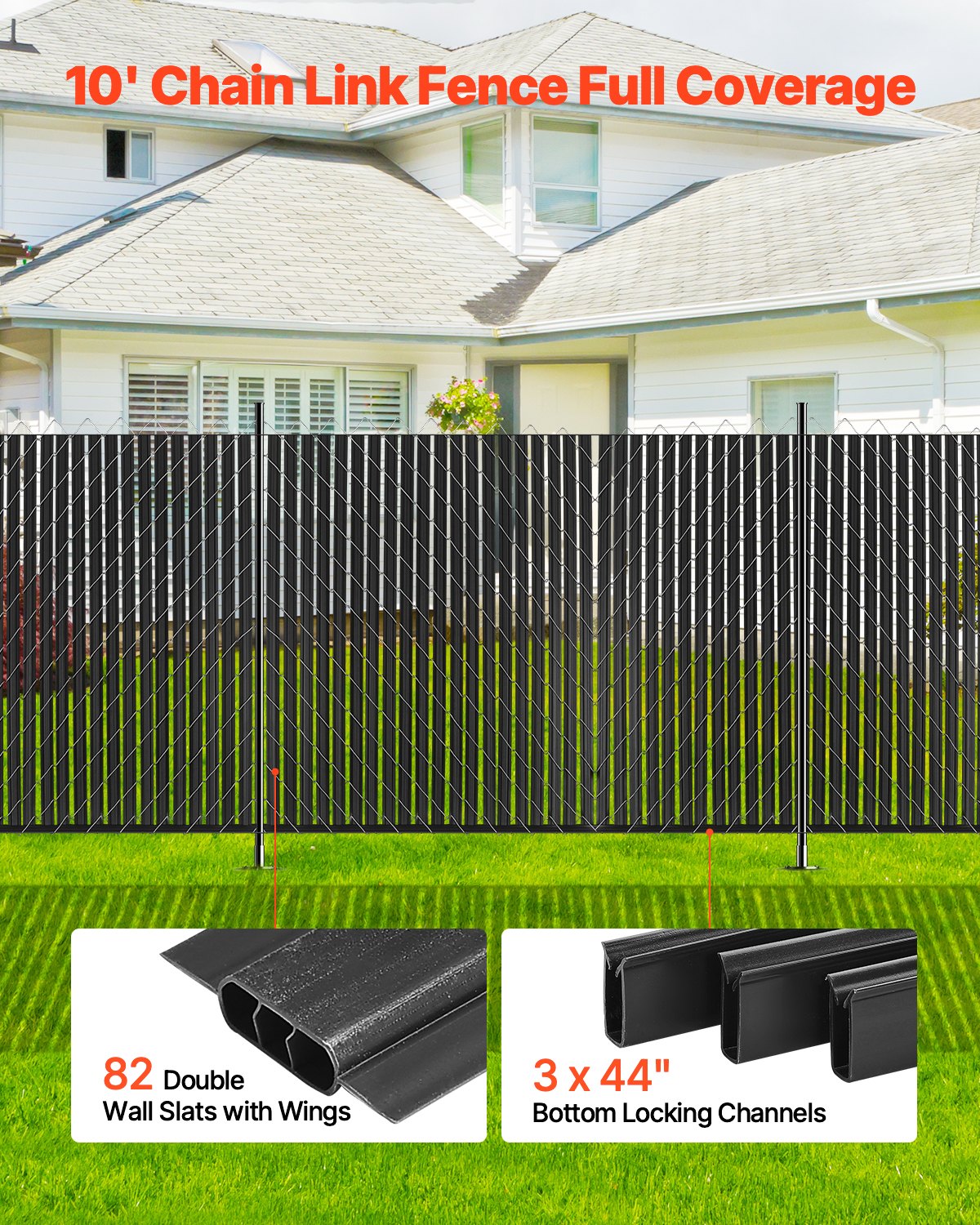 VEVOR privacy screen slats 1740 mm, double-walled vertical slats with ground locking mechanism and wings for chain link fences, HDPE chain link slats, ideal for garden and farm (black)