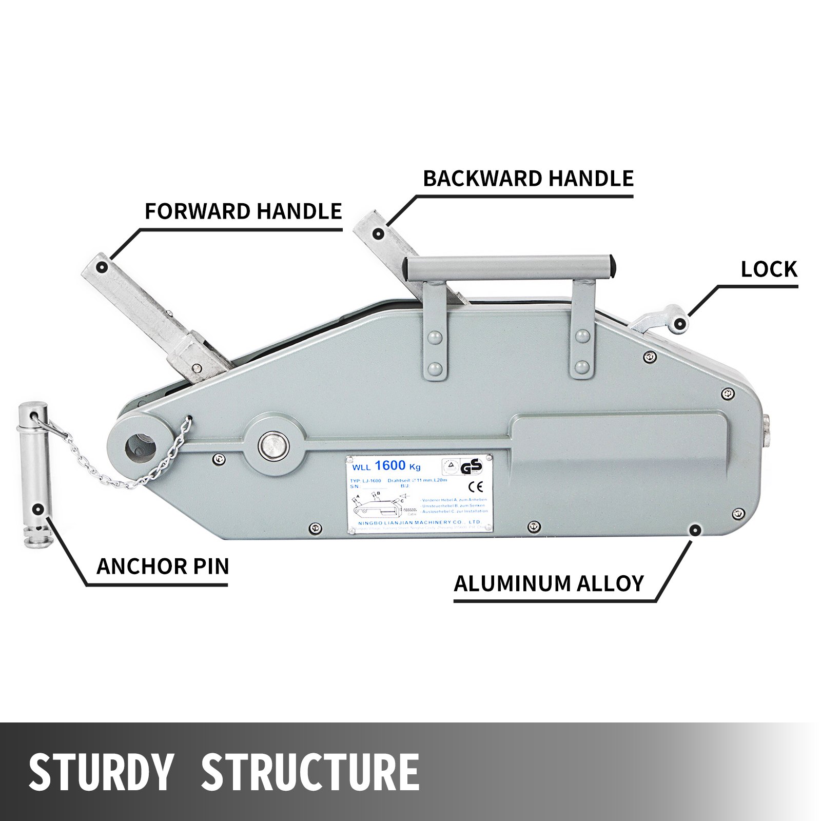 VEVOR cable winch with a capacity of up to 1600 kg, 25 m length, stainless steel wire rope, 12 kg, forestry winch with brake, pulling, tensioning and lifting, hand winch, 11 mm rope diameter, maximum travel load 2400 kg