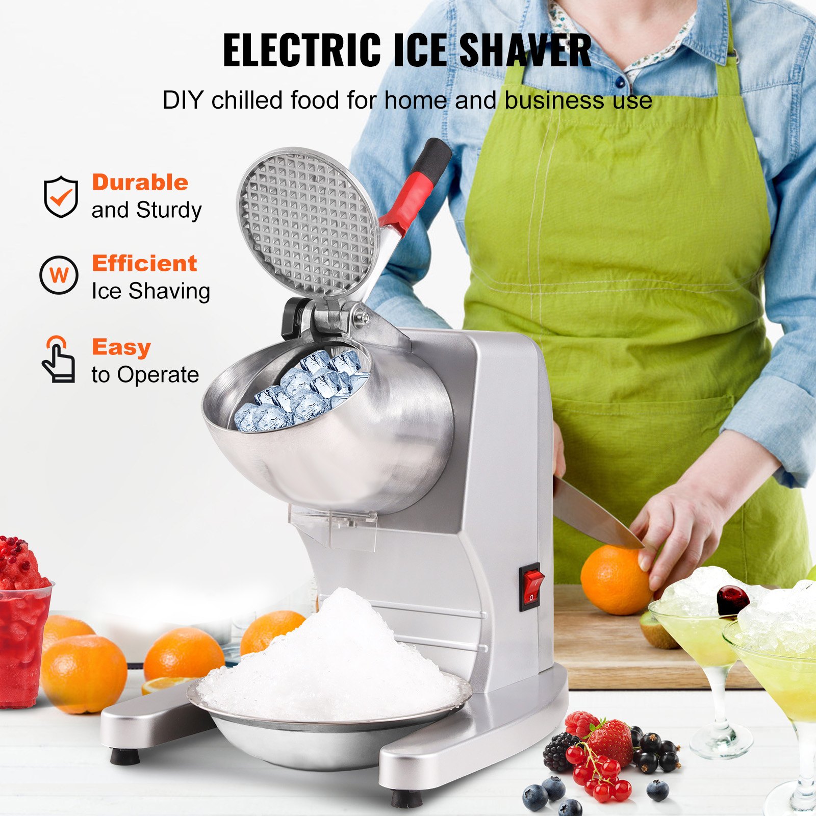 VEVOR Macchina Tritaghiaccio Elettrico Commerciale 300W per Granite Bevande Alimenti Cocktail Produttività 100kg/h, Tritaghiaccio per Granite a Neve Elettrico 4 Lame in Acciaio Inox 390 x 260 x 310mm