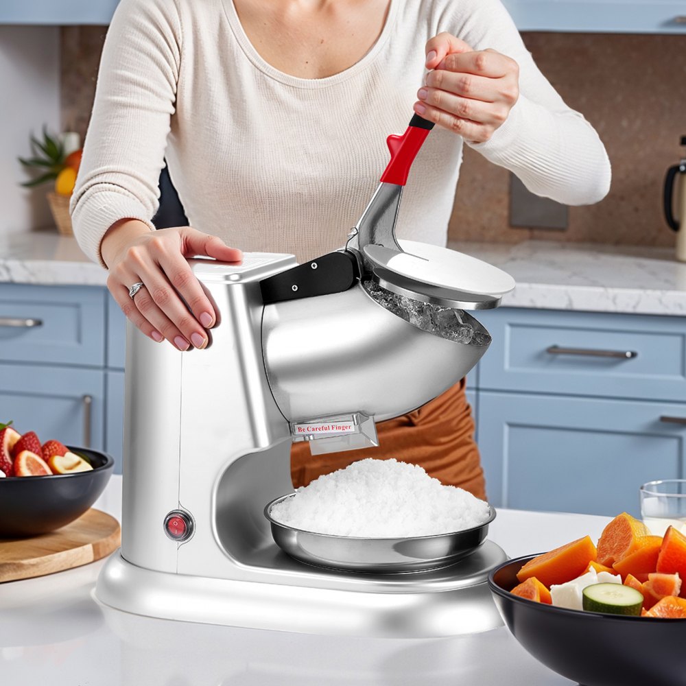 VEVOR Macchina Tritaghiaccio 100 kg all'ora, Produttore Elettrico di Granita con 4 Lame, Tritaghiaccio ad Alta Efficienza in Acciaio Inox con Ciotola e Coperchio 300 W 2000 giri/min Argento