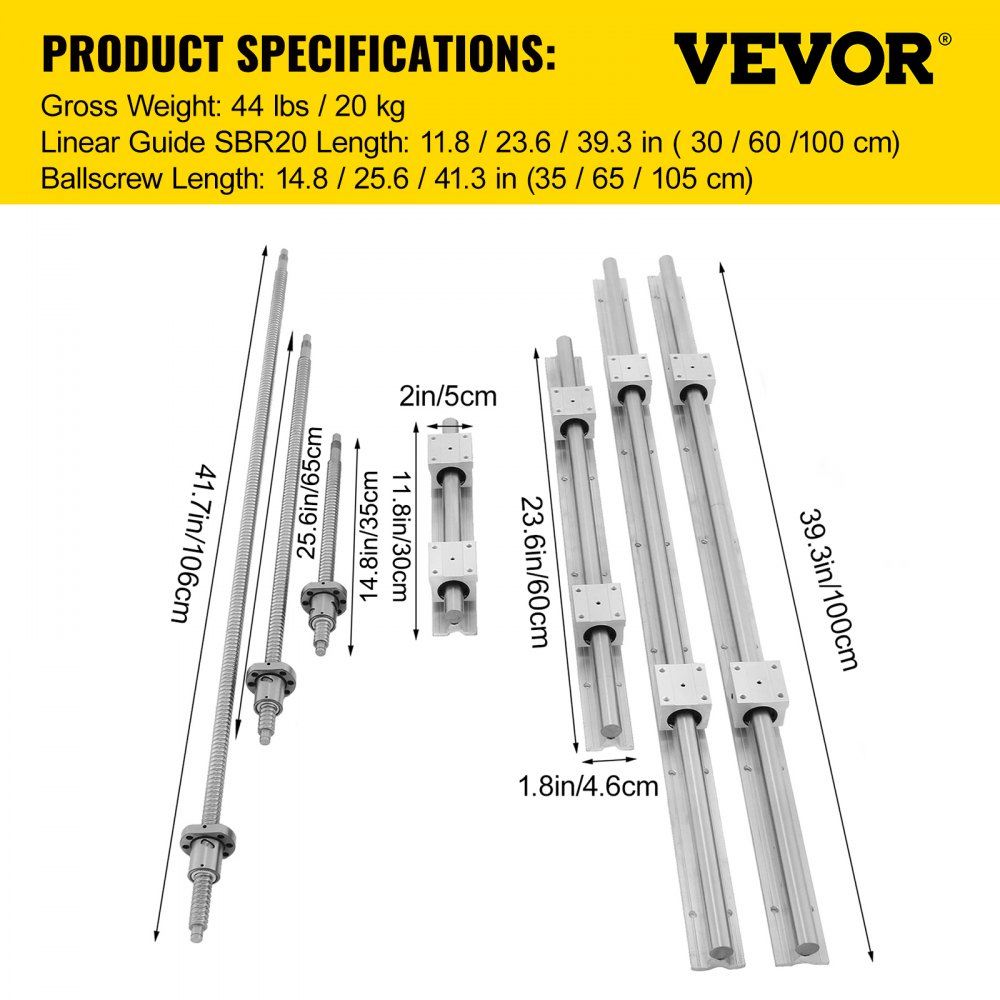 VEVOR Linear Rail SBR20, Linear Bearing Slide Set 300, 600, 1000 mm Linear Rails, Linear Bearing Rail with 3 Ball Screws from C7, Horizontal Linear Guide for Automation Machines