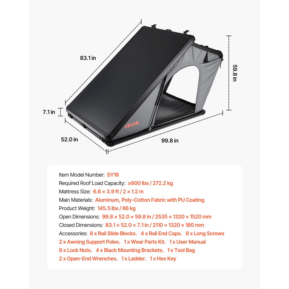 VEVOR Tenda Rigida da Tetto per Auto per Campeggio Viaggio Capienza ca. 2-3 Persone, Tenda Sopra Auto Telaio in Alluminio con Illuminazione LED Tricolore con Finestra, Impermeabile per Jeep SUP