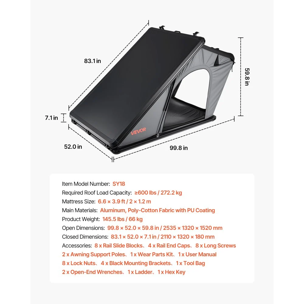 VEVOR Tenda Rigida da Tetto per Auto per Campeggio Viaggio Capienza ca. 2-3 Persone, Tenda Sopra Auto Telaio in Alluminio con Illuminazione LED Tricolore con Finestra, Impermeabile per Jeep SUP