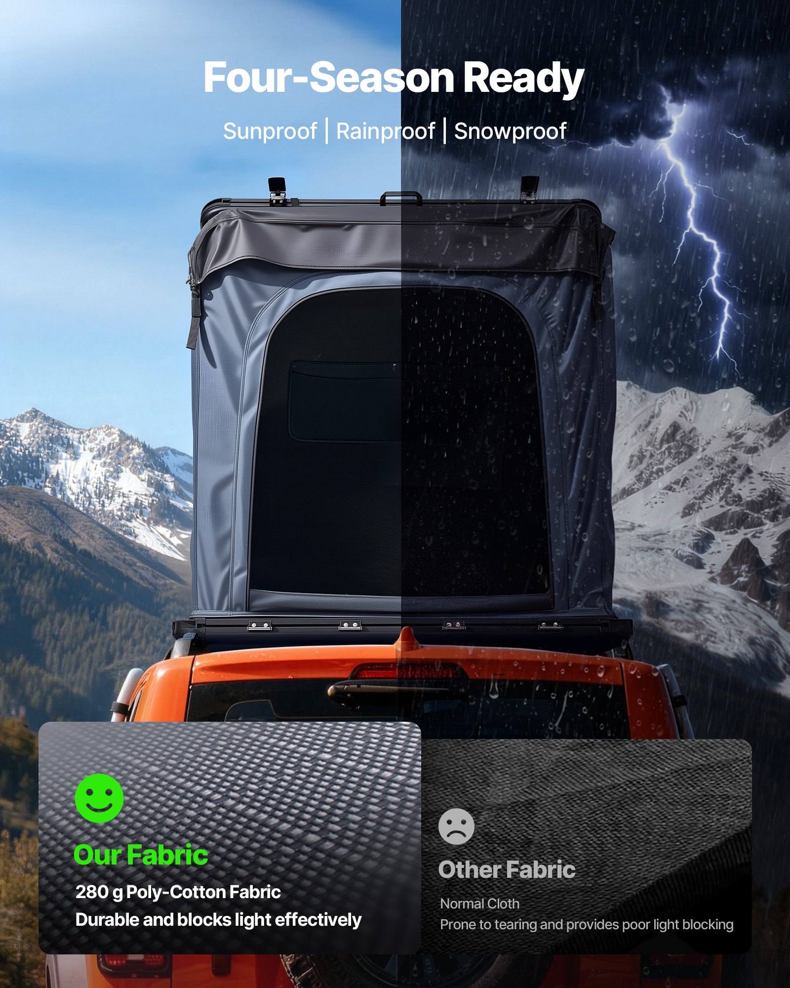 VEVOR Tenda Rigida da Tetto per Auto per Campeggio Viaggio Capienza ca. 2-3 Persone, Tenda Sopra Auto Telaio in Alluminio con Illuminazione LED Tricolore con Finestra, Impermeabile per Jeep SUP