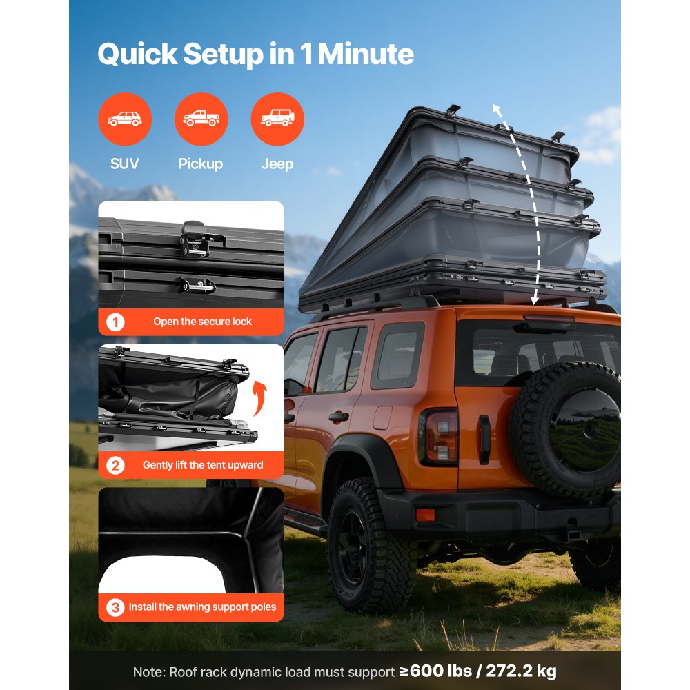 VEVOR Tenda da Tetto per Auto per Campeggio Viaggio Capienza ca. 2-3 Persone, Tenda Sopra Auto Telaio in Alluminio con Illuminazione LED Finestra Scala Carico 150 kg, Impermeabile per Jeep SUP