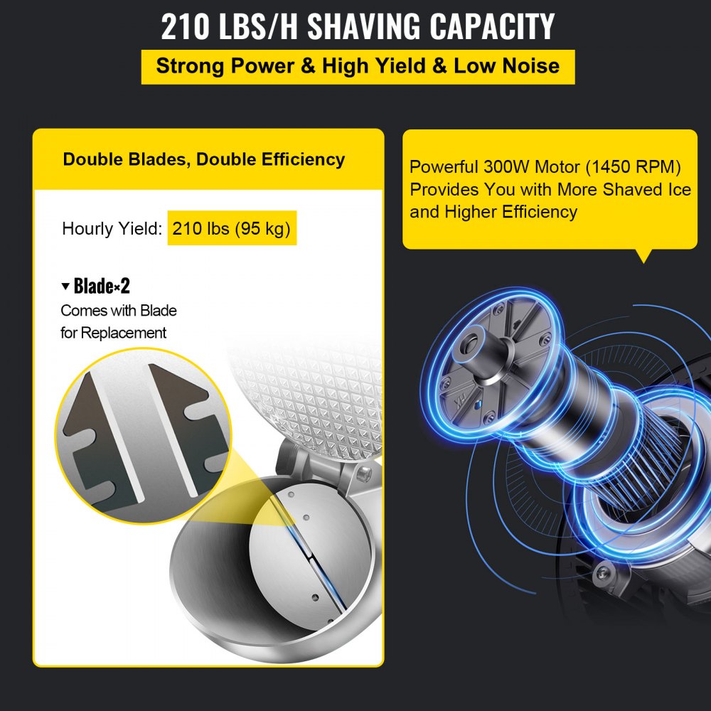 VEVOR Tritaghiaccio Elettrico per Gelato 220V 300W Tritaghiaccio Professionale in Argento velocità da 1450 Giri al Minuto Elettrico Tritaghiaccio con