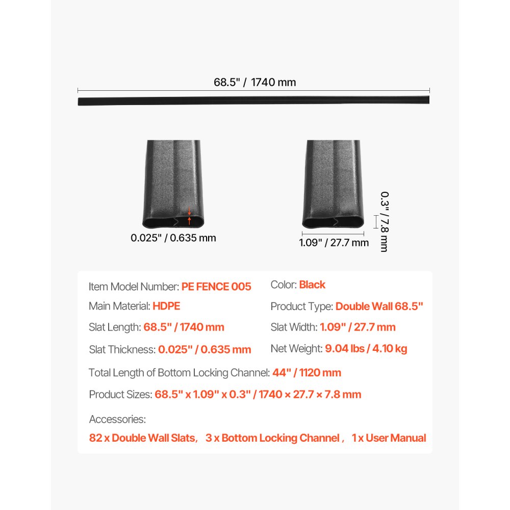 VEVOR Listelli per la Riservatezza con Bloccaggio Inferiore, Listelli Verticali a doppia Parete con Bloccaggio Inferiore per Recinzione a Maglie di Catena, in HDPE 1740 mm, Fattoria Nero