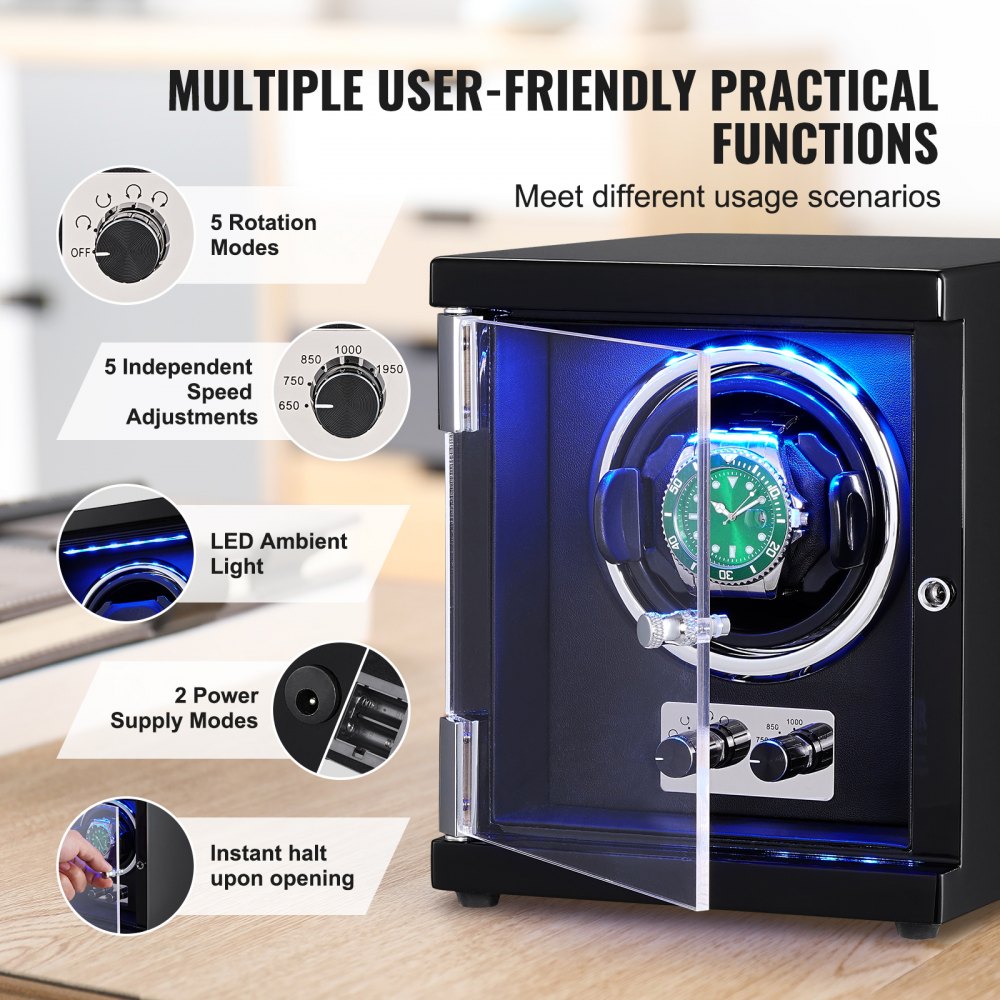VEVOR Caricaorologi, Caricaorologi singolo per orologio automatico da uomo e da donna, con motore giapponese super silenzioso, luce LED blu e adattatore, guscio ad alta densità e PU nero