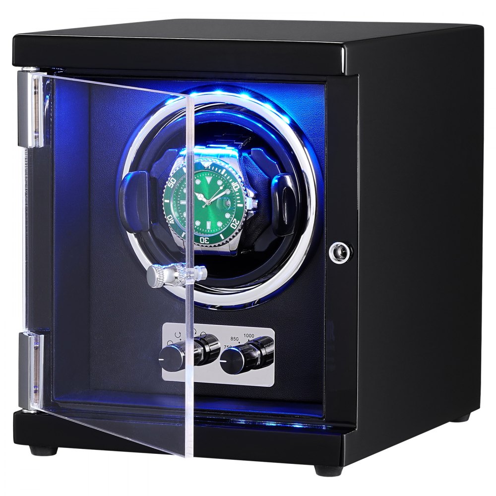 VEVOR Caricaorologi, Caricaorologi singolo per orologio automatico da uomo e da donna, con motore giapponese super silenzioso, luce LED blu e adattatore, guscio ad alta densità e PU nero