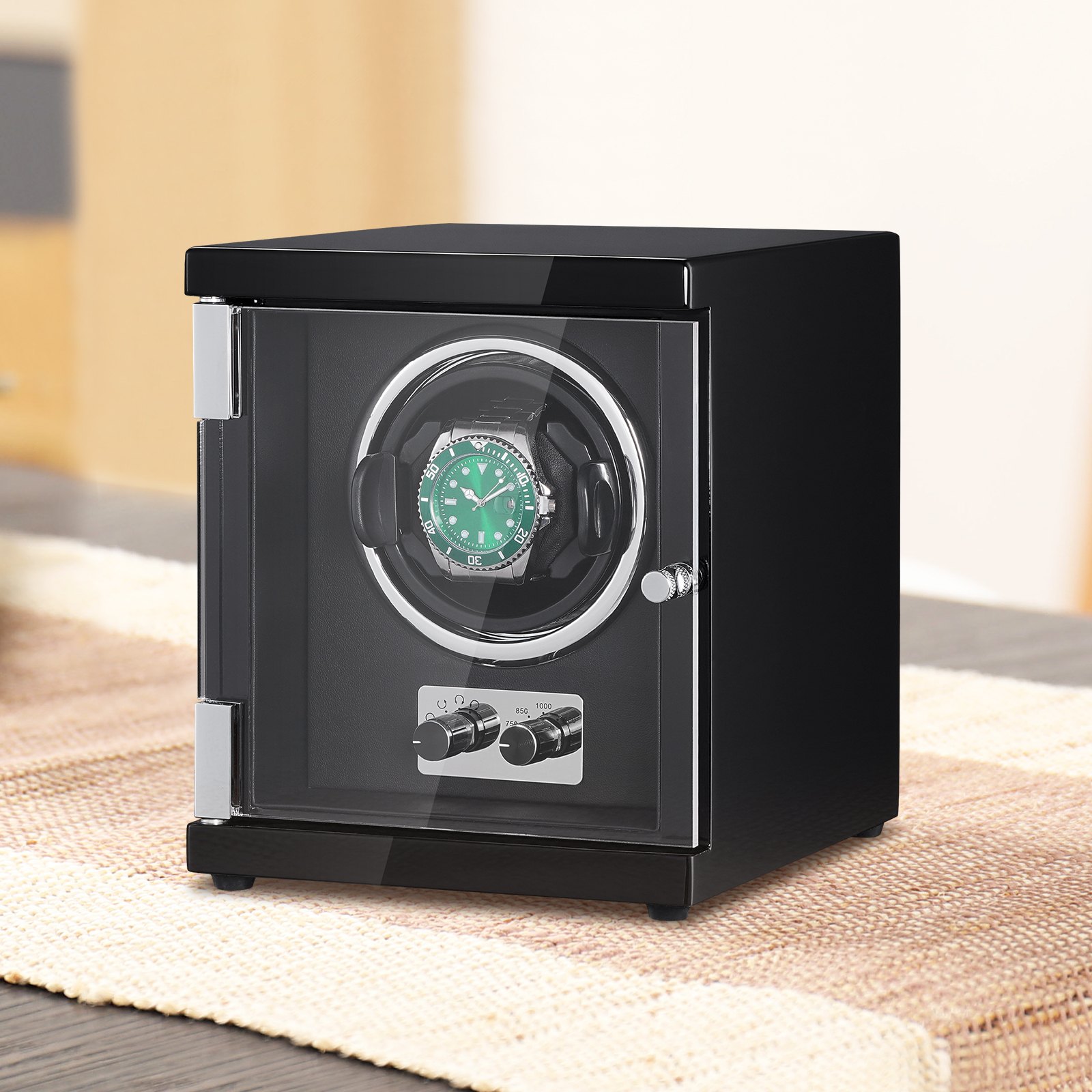 VEVOR Caricaorologi, Caricaorologi singolo per orologio automatico da uomo e da donna, con motore giapponese super silenzioso, luce LED blu e adattatore, guscio ad alta densità e PU nero