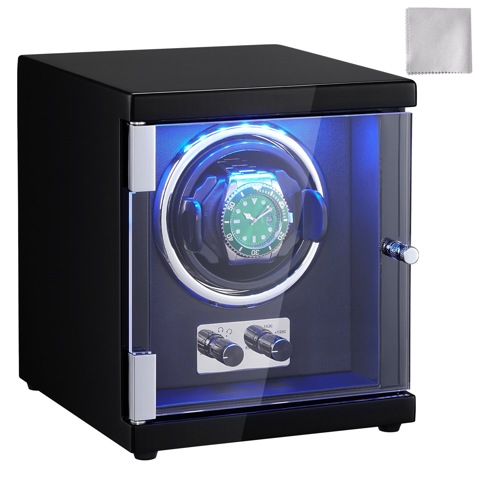VEVOR Caricaorologi, Caricaorologi singolo per orologio automatico da uomo e da donna, con motore giapponese super silenzioso, luce LED blu e adattatore, guscio ad alta densità e PU nero