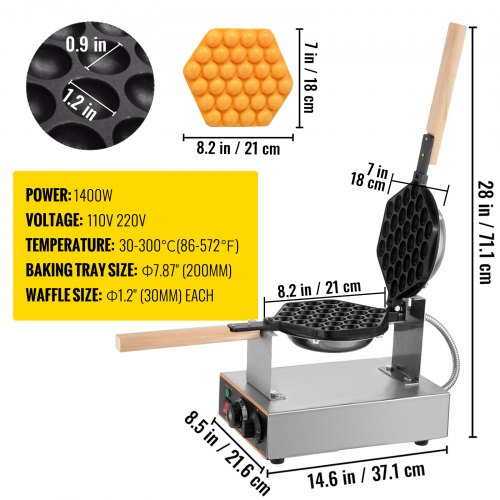 VEVOR Piastra per Waffle Elettrica 1400W Macchina per Waffle all'Uovo 30-300°C Piastra per Waffle Commerciale Antiaderente 225x330x250mm Macchina Piastra