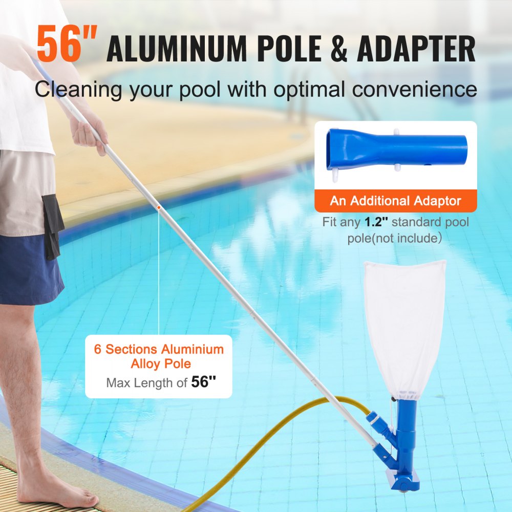 VEVOR Aspirapolvere Pulizia per Piscina con 3 Spazzole Aste a 6 Sezioni Lunghezza 142,5cm ABS PP per Piscina Fuori Terra SPA Vasca Idromassaggio, Pulitore per Piscina Domestica in Lega di Alluminio