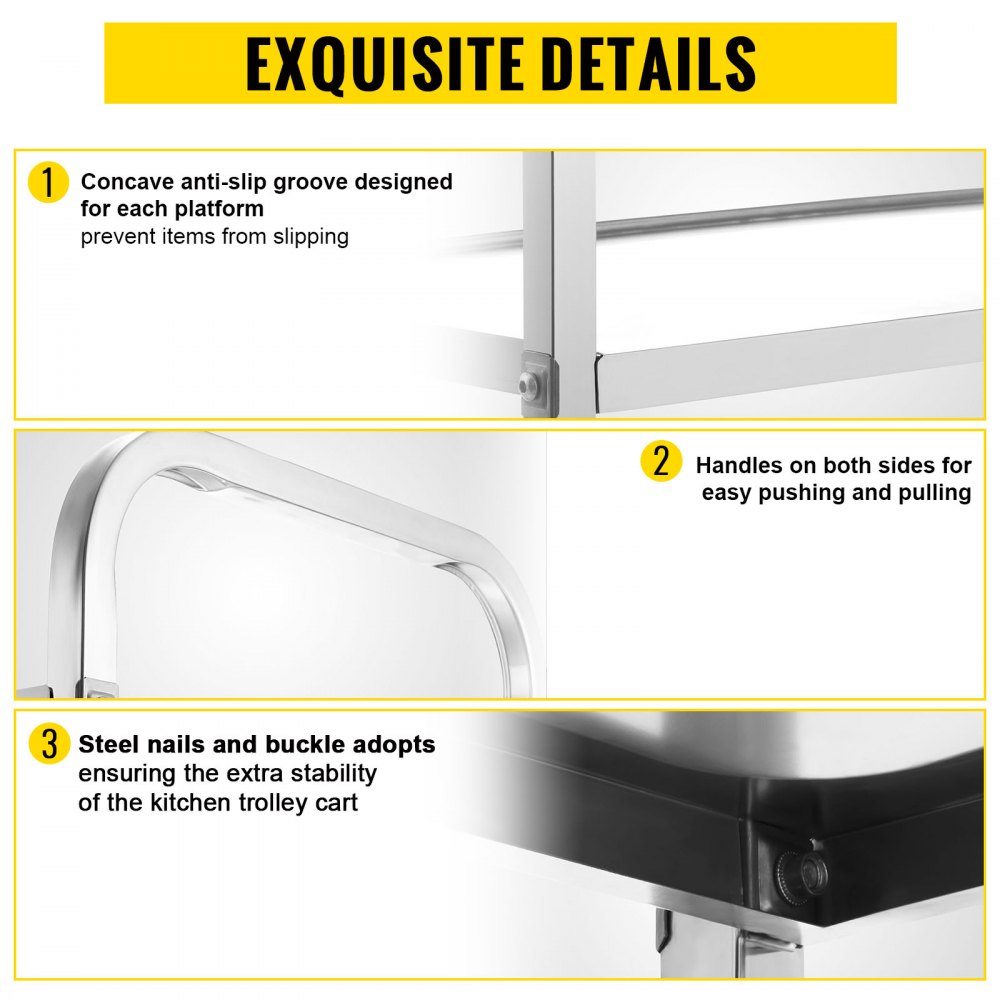 VEVOR Carrello di Servizio 3 Ripiani su Ruote Carrello in Acciaio Inossidabile da 330 Libbre Carrello di Autobus Commerciale Cucina Carrello per Alimenti (3 Ripiani)