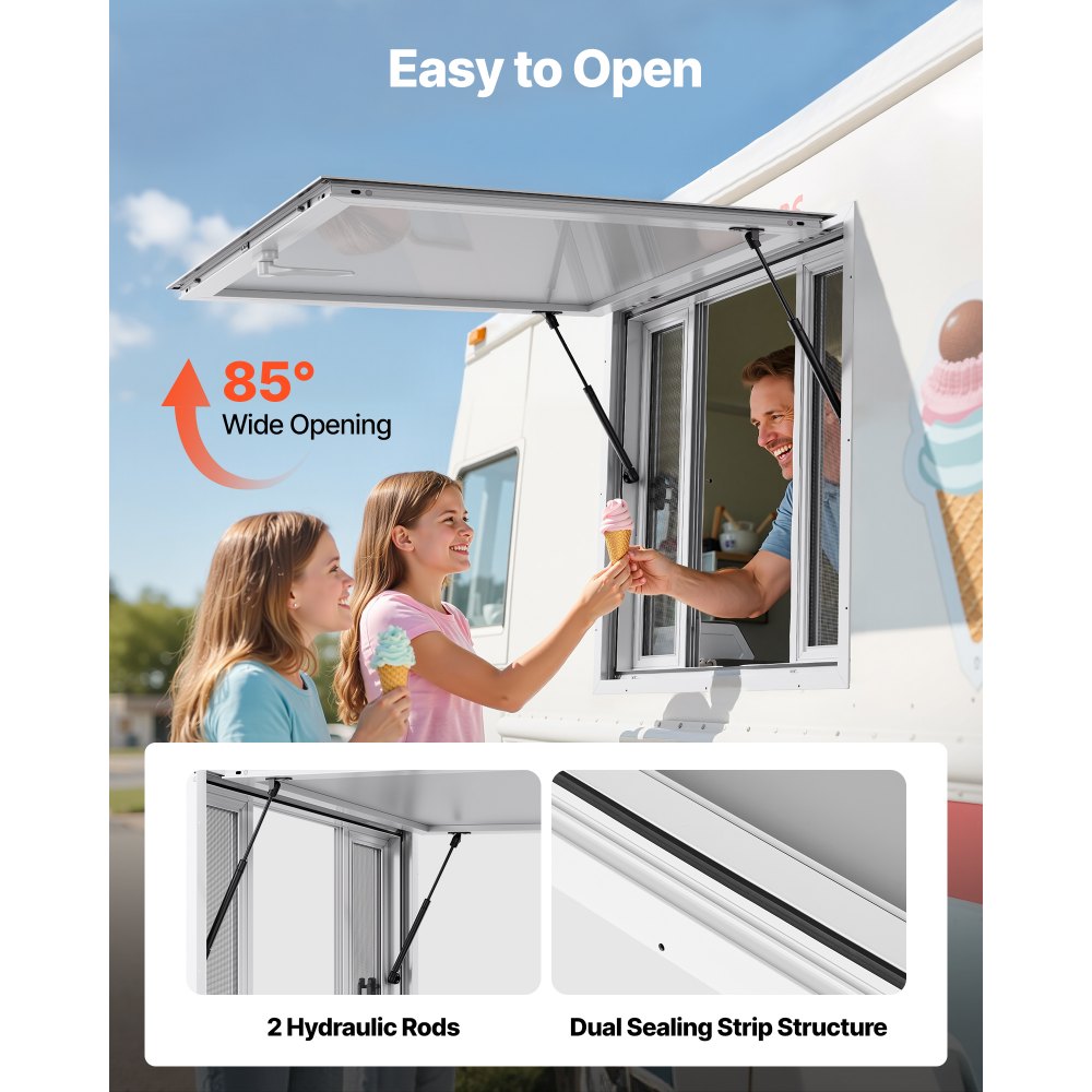 VEVOR Concession Window 92x92 cm, Aluminum Alloy Service Window for Food Truck, Up to 85 Degrees Stand Serving Window with 4 Sliding Windows, Awning Door, and Drag Hook, for Concession Trailers