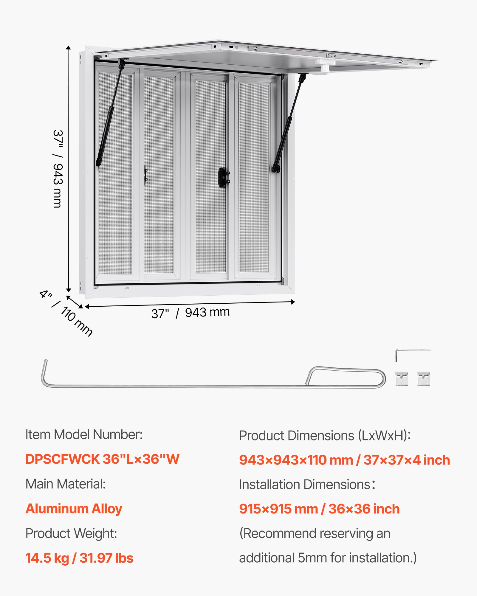 VEVOR Concession Window 92x92 cm, Aluminum Alloy Service Window for Food Truck, Up to 85 Degrees Stand Serving Window with 4 Sliding Windows, Awning Door, and Drag Hook, for Concession Trailers
