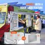 Maniglia con funzione di serratura della porta sullo sportello di concessione VEVOR installato su un vivace food truck.