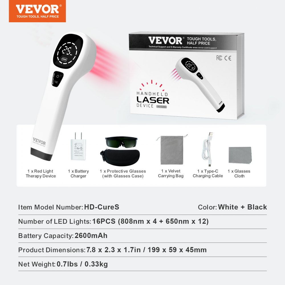 VEVOR Dispositivo per Terapia con Luce Rossa Portatile per Corpo e Animali Domestici, Dispositivo di Cura a Luce Rossa Portatile con Display a LED per Sollievo dal Dolore Muscolare 12*650nm + 4*808nm