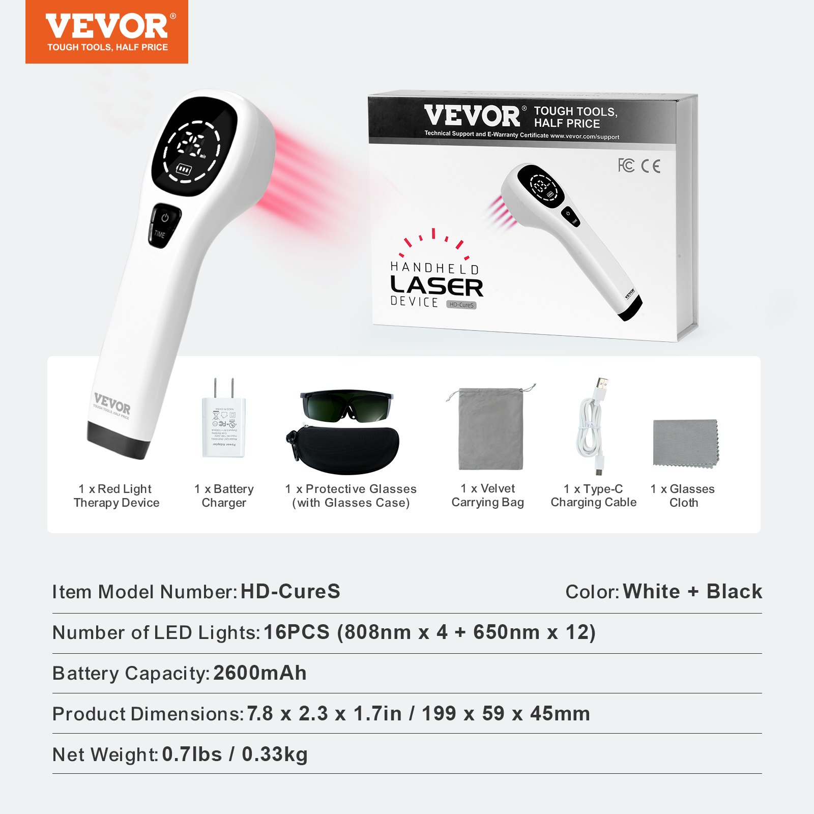 VEVOR Dispositivo per Terapia con Luce Rossa Portatile per Corpo e Animali Domestici, Dispositivo di Cura a Luce Rossa Portatile con Display a LED per Sollievo dal Dolore Muscolare 12*650nm + 4*808nm