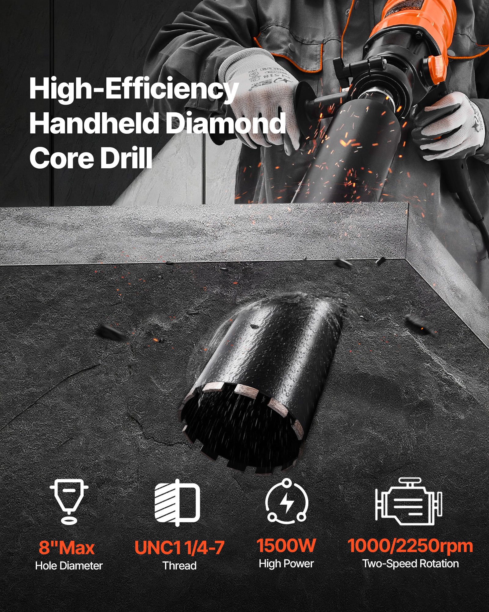 VEVOR Carotatrice per Calcestruzzo, Diametro di Foratura 200 mm Trapano a Carotaggio Portatile per Calcestruzzo a Secco e a Umido con 4 Punte da Trapano, 1000/2250 giri/min a 2 Velocità 1500 W