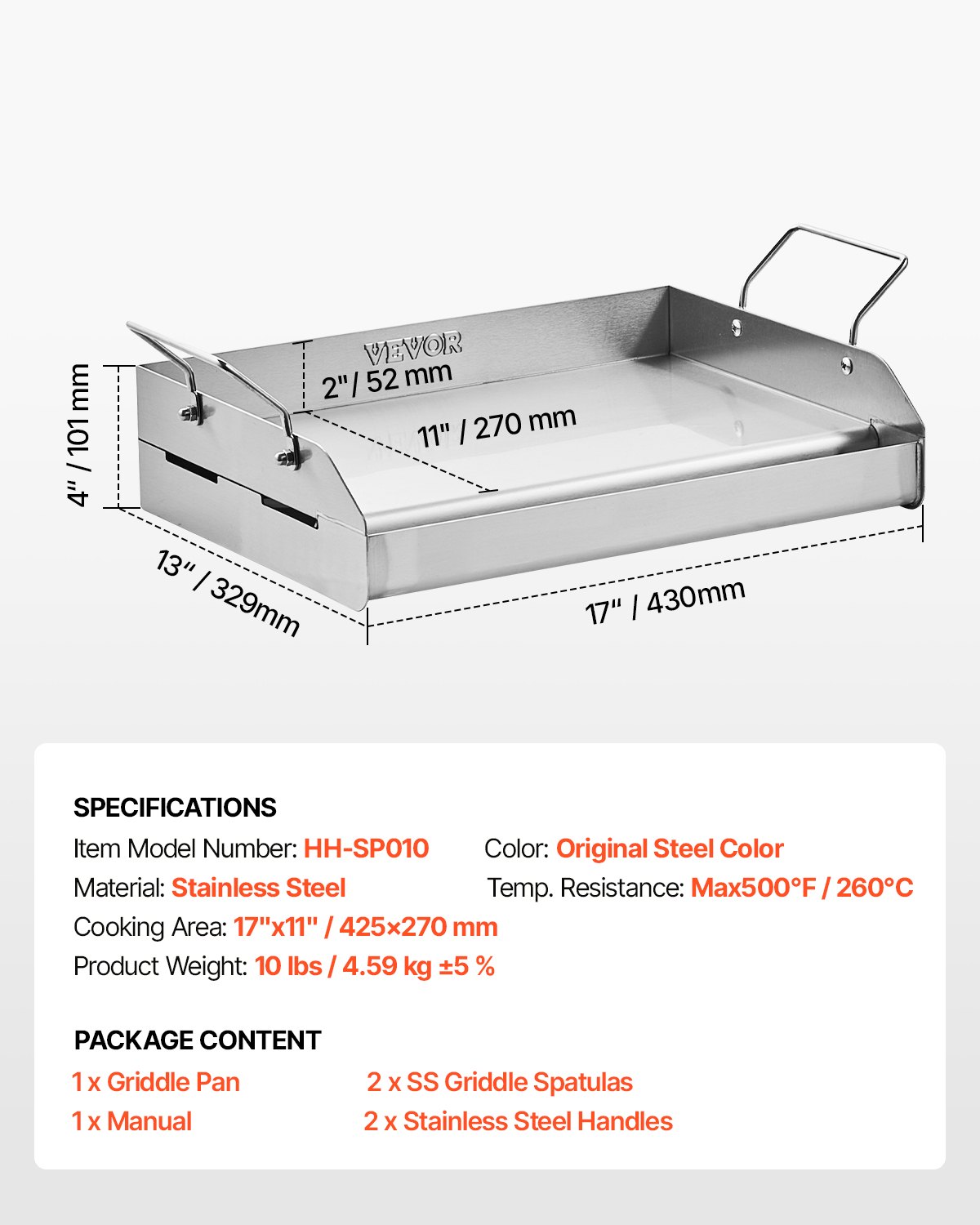 VEVOR Griddle Plate, Stainless Steel Universal Rectangular Plate (425x270mm) with Flat Top, Gas Grill Griddle Plate for BBQ Grill Teppanyaki, Portable Family Cookware with Handle