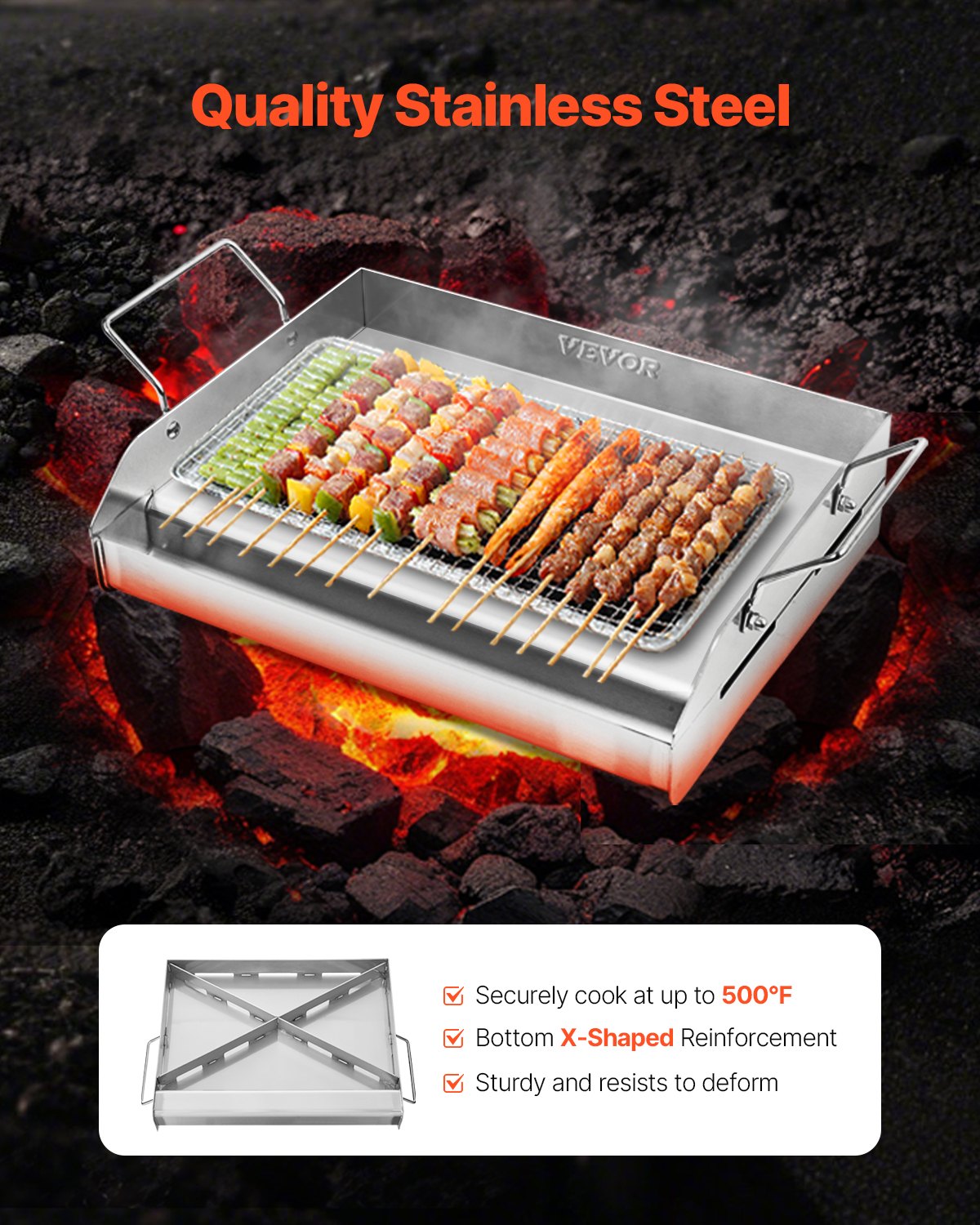 VEVOR Piastra in Acciaio Inox, Piastra Rettangolare Universale da 425x270 mm, Piastra a Gas, Pentole da Fornello Portatili per Famiglie con Manico, per Campeggio, Festa, Eventi da Esterno