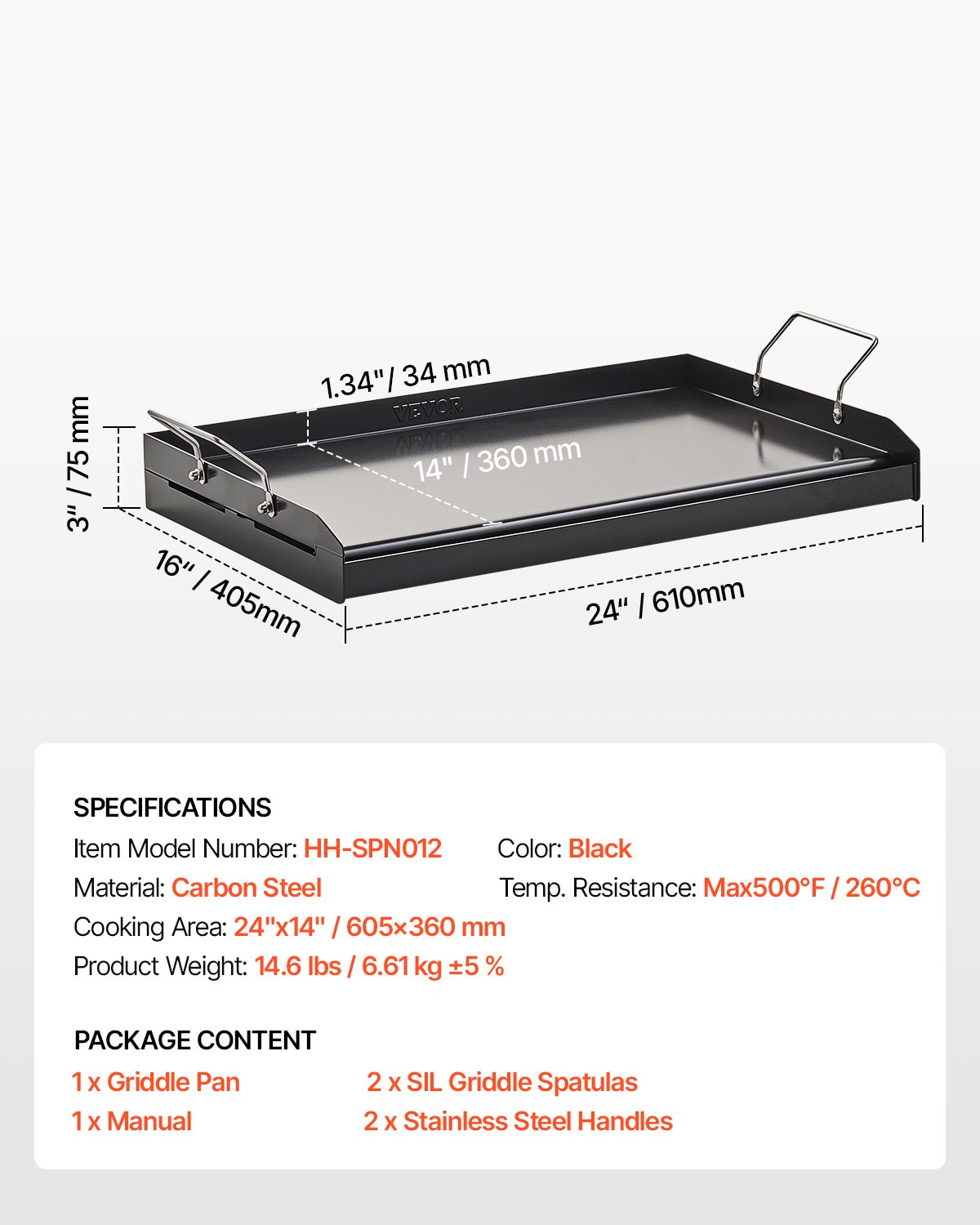 VEVOR Griddle Plate, Carbon Steel Universal Rectangular Plate (605 x 360 mm) with Flat Top, Gas Grill Griddle Plate for BBQ Grill Teppanyaki, Portable Family Cookware with Handle