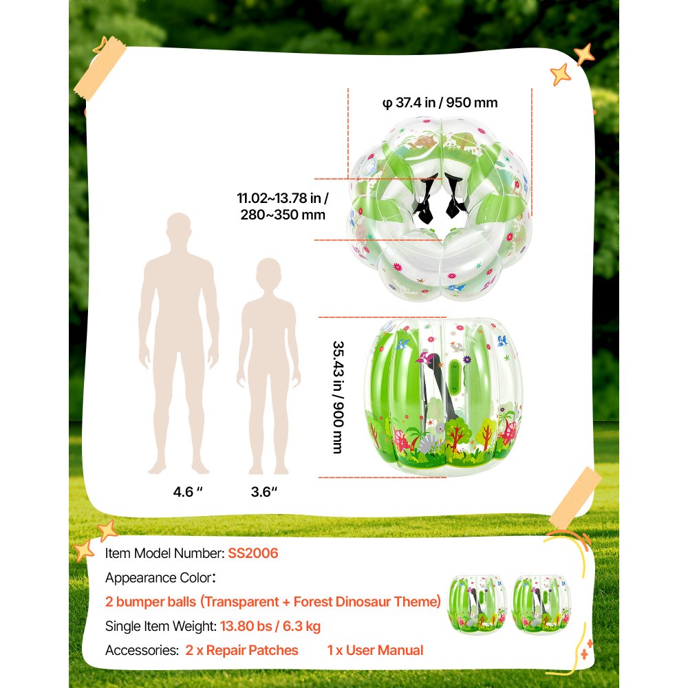 VEVOR Pallone Gonfiabile Trasparente Diametro Esterno 950mm Altezza 900 mm Divertimento Sportivo per Giardino, Campeggio, Parco, Prato, Palla da Sumo, Set 2 pezzi, in PVC Rinforzato, Giochi di Squadra