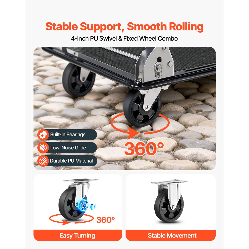 VEVOR Foldable Push Cart Dolly, 317.51 kg, Heavy Duty Platform Hand Truck with Wheels, High-Strength Steel, 2 Tier Moving Flatbed Cart, for Warehouse, Garage, Workshop, Office, 730 x 470 x 820 mm