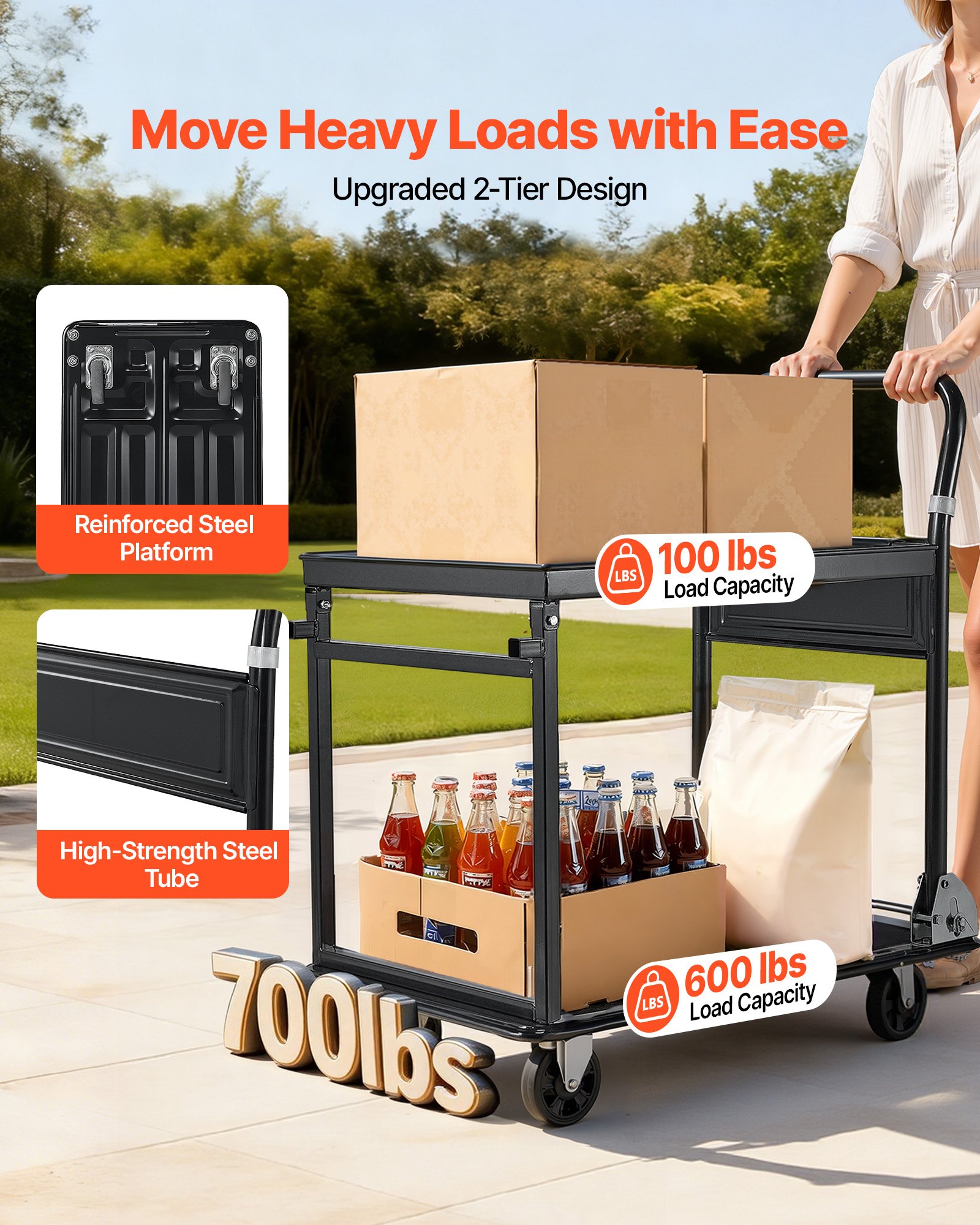 VEVOR Foldable Push Cart Dolly, 317.51 kg, Heavy Duty Platform Hand Truck with Wheels, High-Strength Steel, 2 Tier Moving Flatbed Cart, for Warehouse, Garage, Workshop, Office, 730 x 470 x 820 mm