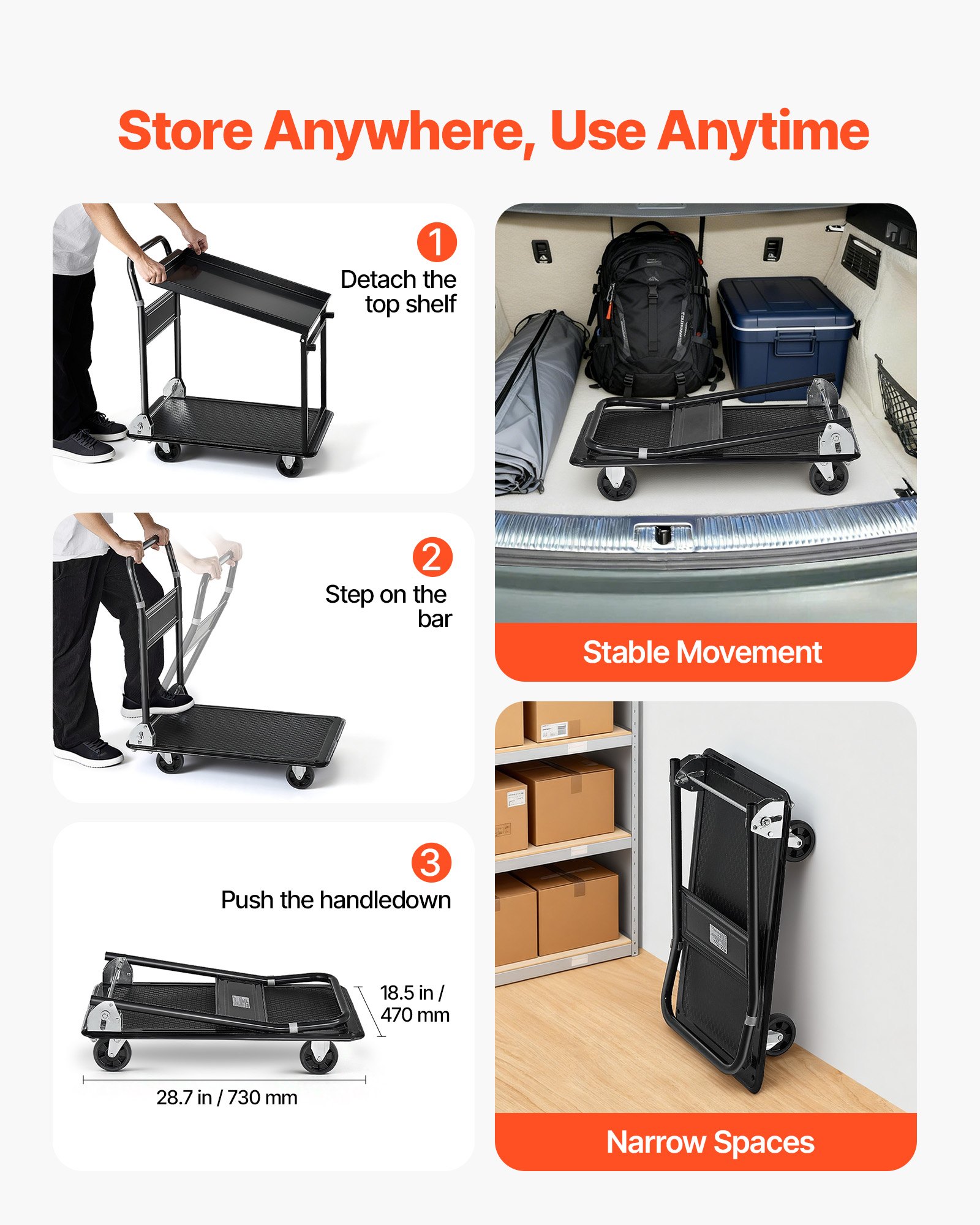 VEVOR Foldable Push Cart Dolly, 317.51 kg, Heavy Duty Platform Hand Truck with Wheels, High-Strength Steel, 2 Tier Moving Flatbed Cart, for Warehouse, Garage, Workshop, Office, 730 x 470 x 820 mm