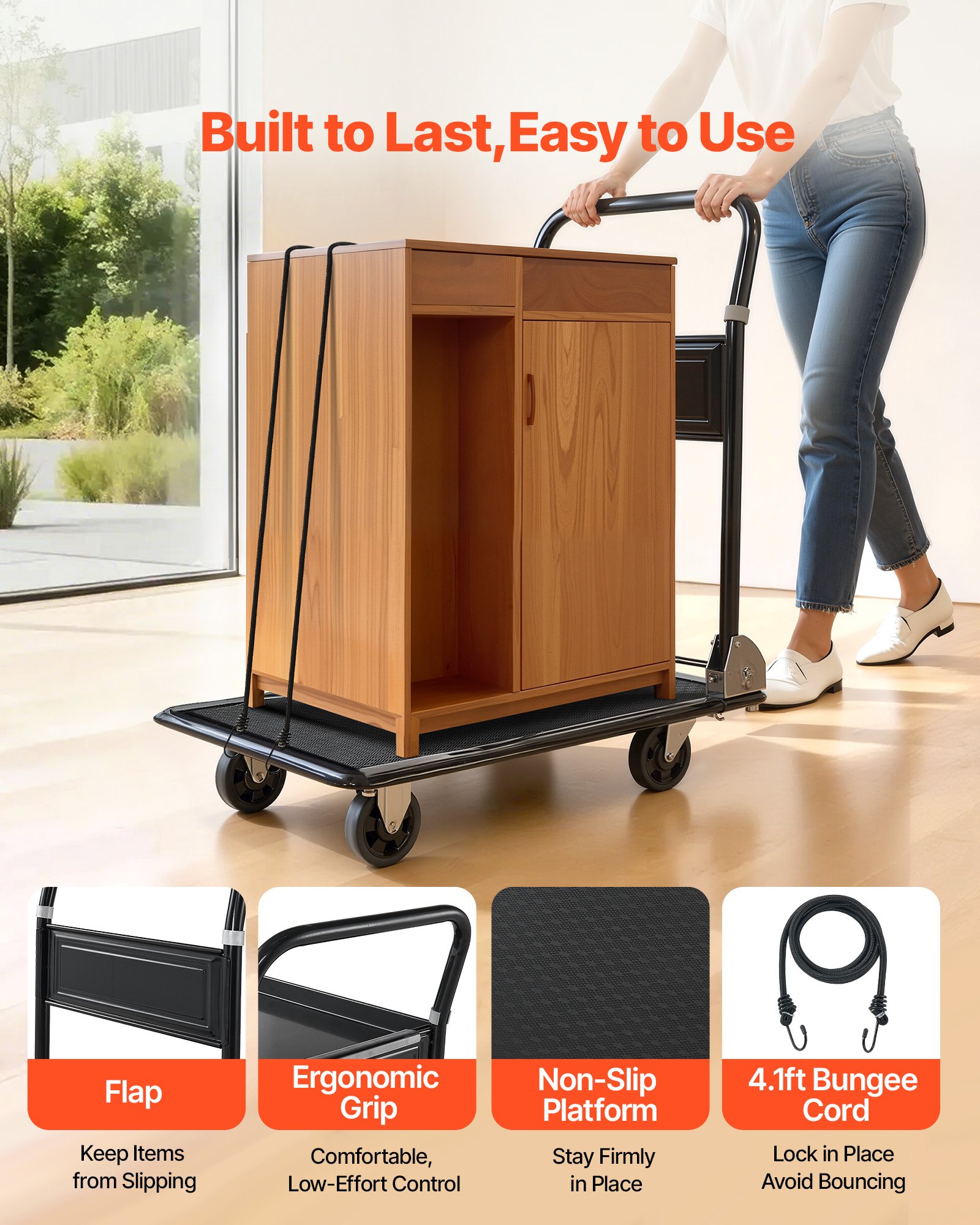 VEVOR Foldable Push Cart Dolly, 317.51 kg, Heavy Duty Platform Hand Truck with Wheels, High-Strength Steel, 2 Tier Moving Flatbed Cart, for Warehouse, Garage, Workshop, Office, 730 x 470 x 820 mm