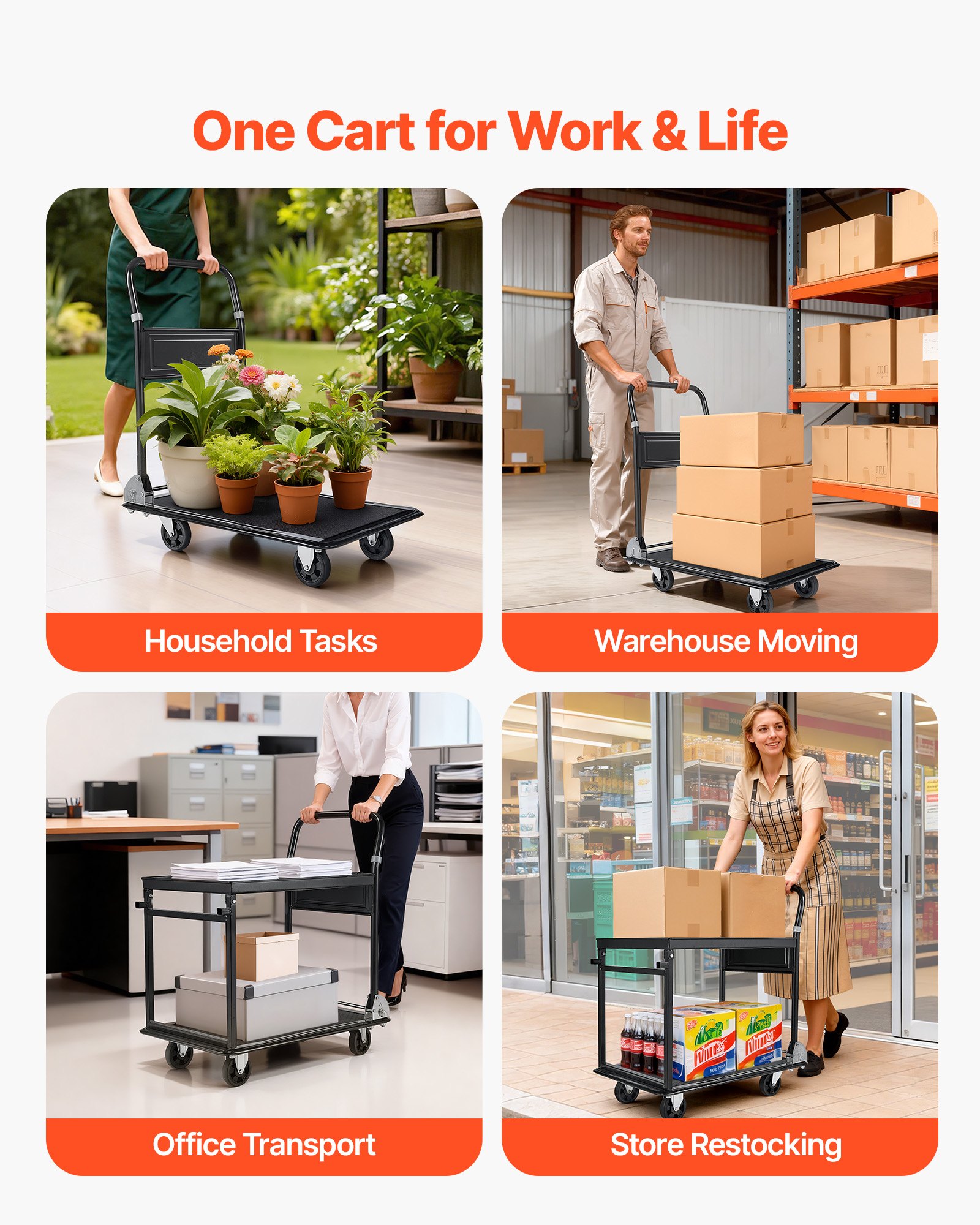 VEVOR Foldable Push Cart Dolly, 317.51 kg, Heavy Duty Platform Hand Truck with Wheels, High-Strength Steel, 2 Tier Moving Flatbed Cart, for Warehouse, Garage, Workshop, Office, 730 x 470 x 820 mm