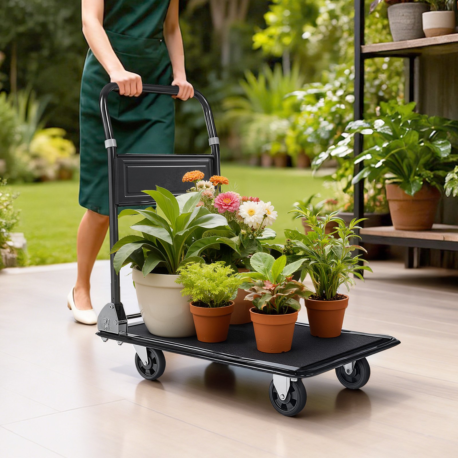 VEVOR Foldable Push Cart Dolly, 317.51 kg, Heavy Duty Platform Hand Truck with Wheels, High-Strength Steel, 2 Tier Moving Flatbed Cart, for Warehouse, Garage, Workshop, Office, 730 x 470 x 820 mm