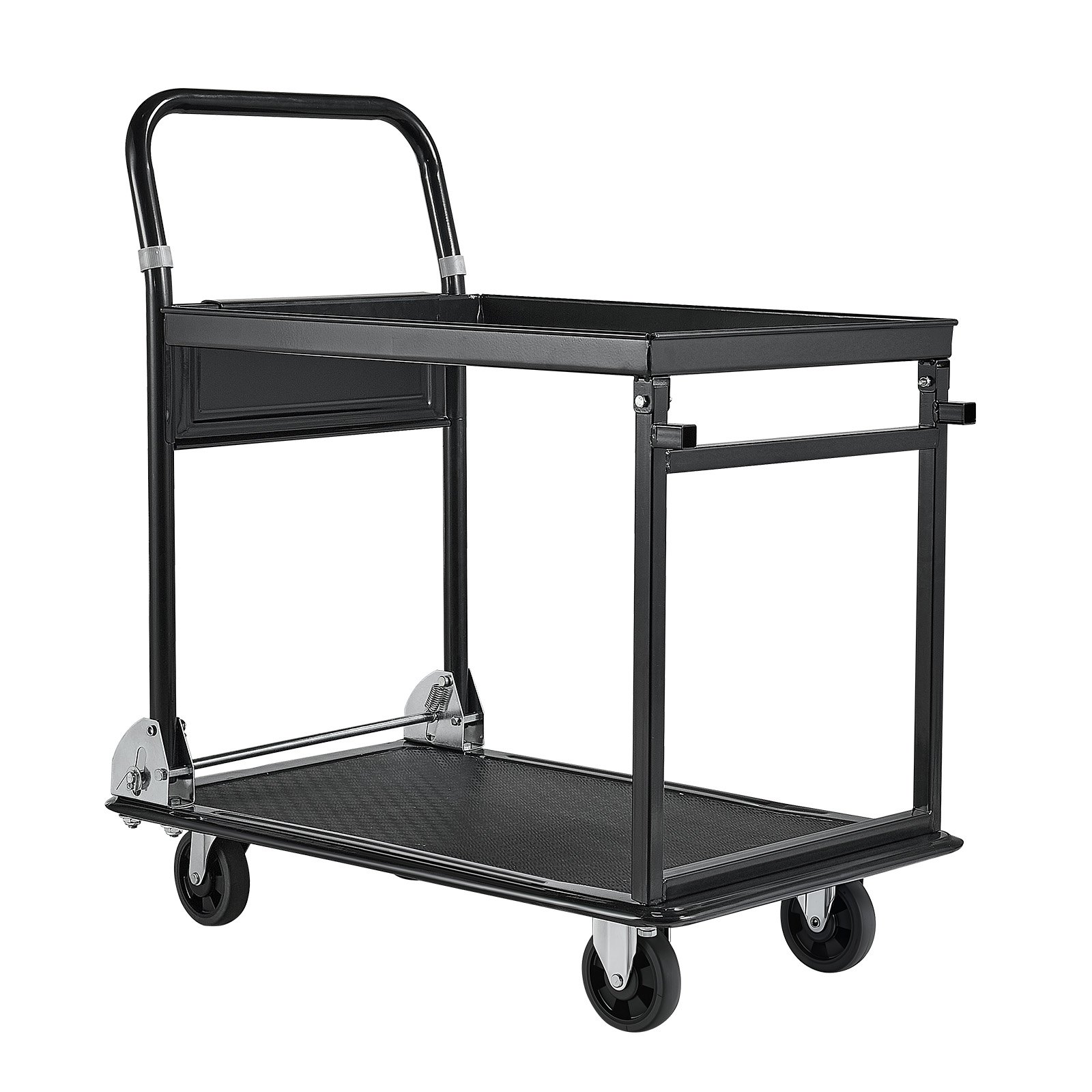 VEVOR Foldable Push Cart Dolly, 317.51 kg, Heavy Duty Platform Hand Truck with Wheels, High-Strength Steel, 2 Tier Moving Flatbed Cart, for Warehouse, Garage, Workshop, Office, 730 x 470 x 820 mm