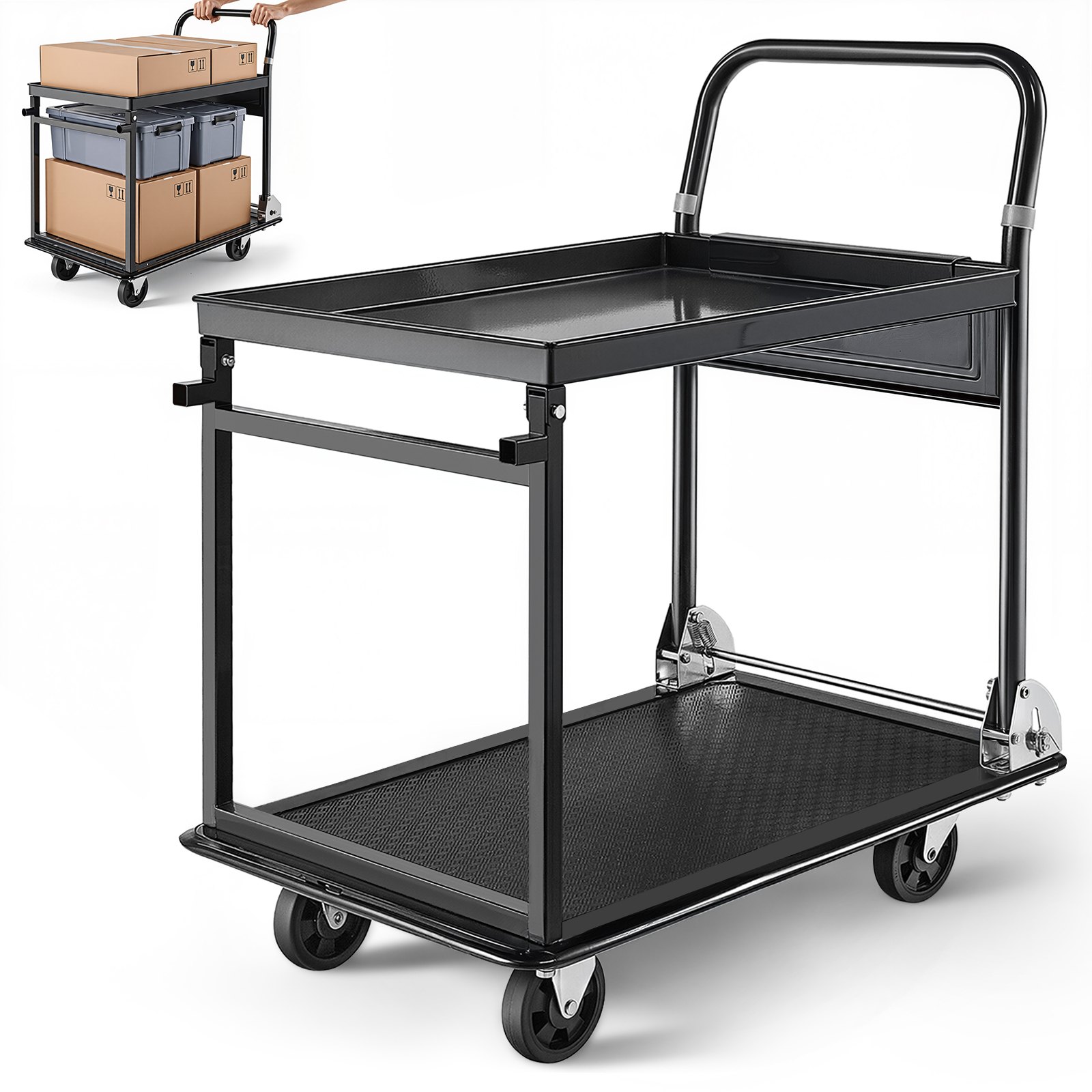 VEVOR Carrello Pieghevole 2 Ripiani per Trasporto Pacchi Merci per Magazzino Carico max. 317,51 kg, Carrello con Piattaforma con Ruote a Pianale da 2 Ripiani, per Garage, Officina, Logistica