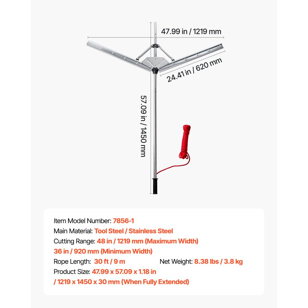 VEVOR Coltello per Erbacce Acquatiche con Corda da Lancio da 9 m Rastrello per Laghetto con Larghezza di Taglio Massima di 1219 mm Lame in Acciaio Affilate e Resistenti, per Tife, Phragmites e Ninfee
