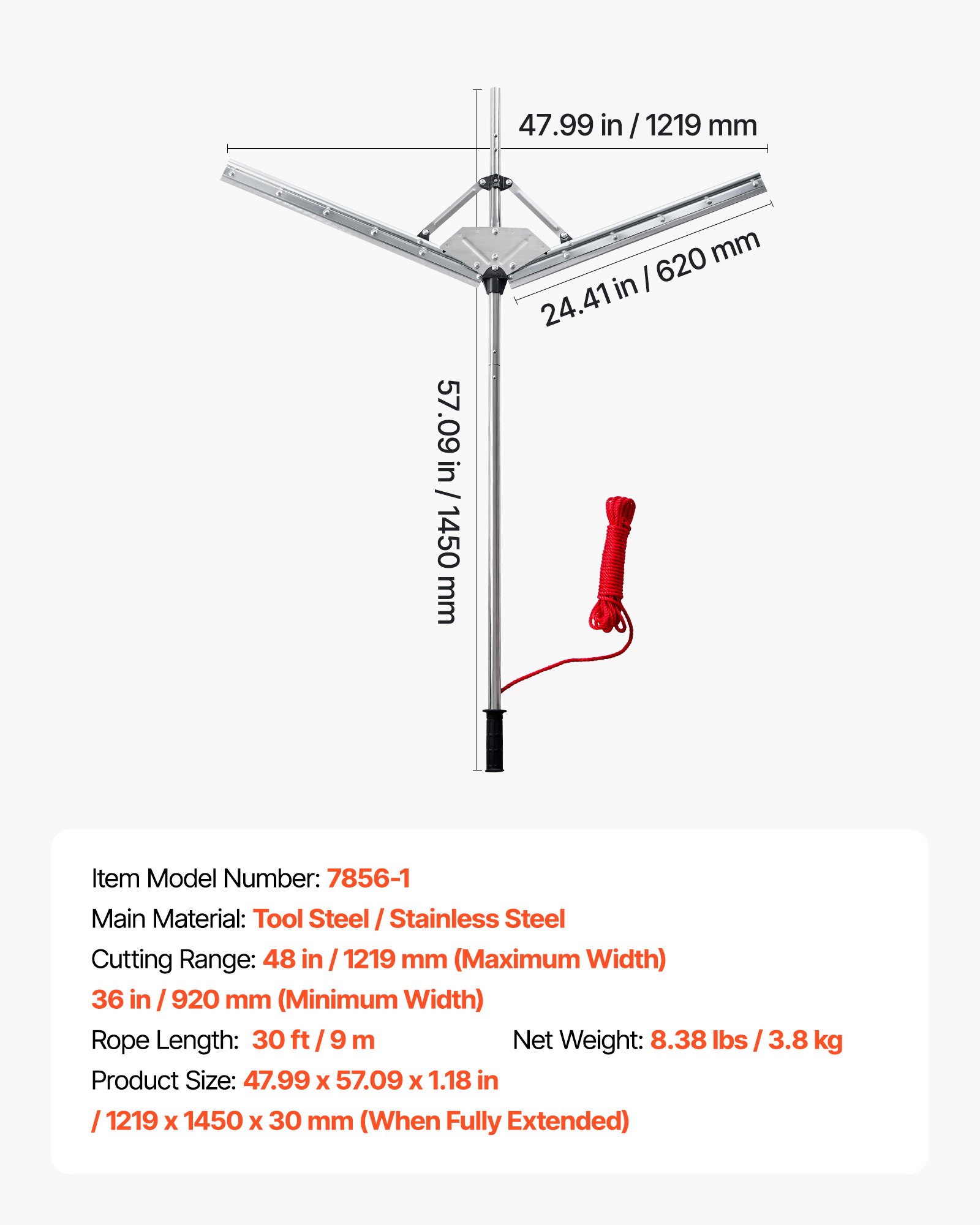 VEVOR Coltello per Erbacce Acquatiche con Corda da Lancio da 9 m Rastrello per Laghetto con Larghezza di Taglio Massima di 1219 mm Lame in Acciaio Affilate e Resistenti, per Tife, Phragmites e Ninfee