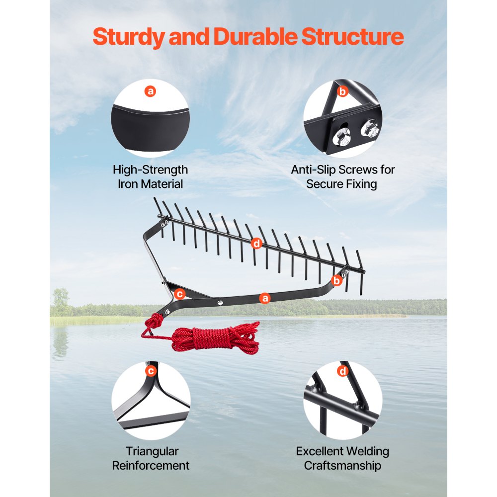 VEVOR Rastrello per Erbacce Acquatiche da 810 mm Rastrello per Erbacce per Laghi a Doppia Faccia 160 mm Tagliaerba Leggero per Stagni con Corda 9 m per Pulizia di Ninfee per Stagni, Laghi, Ruscelli