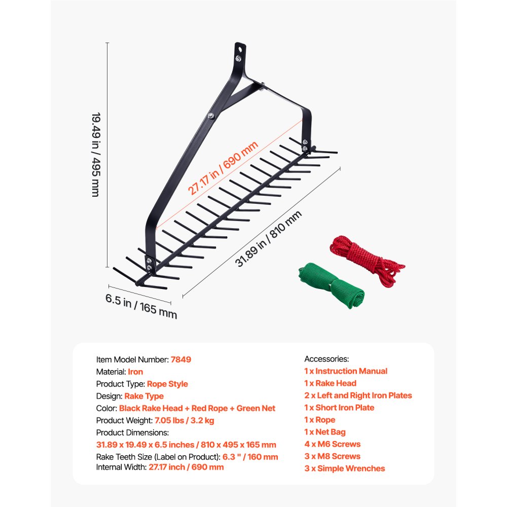 VEVOR Rastrello per Erbacce Acquatiche da 810 mm Rastrello per Erbacce per Laghi a Doppia Faccia 160 mm Tagliaerba Leggero per Stagni con Corda 9 m per Pulizia di Ninfee per Stagni, Laghi, Ruscelli